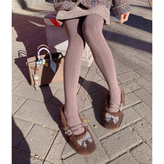 Cyflymder French High Heel Furry Shoes Women Fleece Lined Warm Winter Pumps Bow Square Toe Mary Jane Block Heel Footwear