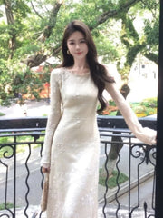 Cyflymder French Elegant Solid Lace Midi Dress Suit for Women Flare Sleeve A-Line Long Dresses Autumn Fashion Vestidos Female Clothing New