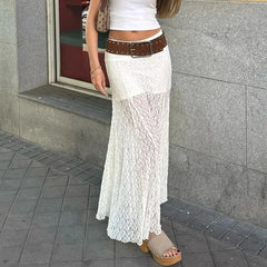 Cyflymder Vintage Sheer Lace Maternity Skirts for Women Low Elastic Waist Loose Fit Long Skirt Casual Pregnancy Skirts Fashion Streetwear