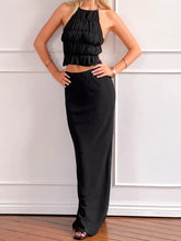 Cyflymder Elegant Two Piece Skirt Sets for Women Stylish Smocked Halter Neck Crop Top with Fit Long Skirt Ensemble in Solid Color