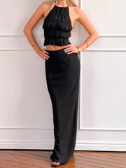 Cyflymder Elegant Two Piece Skirt Sets for Women Stylish Smocked Halter Neck Crop Top with Fit Long Skirt Ensemble in Solid Color