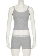 Cyflymder Basic Solid Shorts Sets Women Casual Slim 2 Piece Sets Slash Neck Folds Camis Tops Lace Trim Low-Waisted Shorts