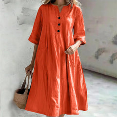 Cyflymder New Solid Color Cotton Linen Comfortable Casual Dresses Women Half Sleeve Loose Dress Gown Female Double Pocket Patchwork Frock