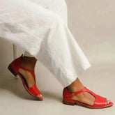 Cyflymder Casual Low Heel Red Women's Sandals Cutout Peep-Toe T-Strap Sandals Shoes