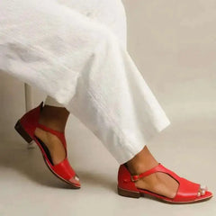 Cyflymder Casual Low Heel Red Women's Sandals Cutout Peep-Toe T-Strap Sandals Shoes