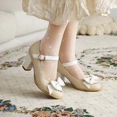 Cyflymder Block Heels For Women Pumps Basketball Platform Bow Shoes Sandals Ladies Shallow Mouth Sweet Round Toe Chunky African Big Beige