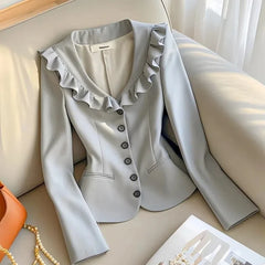 Cyflymder High End Light Luxury Young Waist Cinched Ruffled Edges Grey Mini Suit Spring and Autumn Style Socialite V-neck Suit for Women