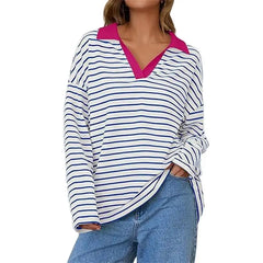 Cyflymder Fashion Colorblocking Lapel Pullover Hoodie Women Autumn Loose Stripe Sweatshirt Female Daily Comfortable Casual Tops Streetwear