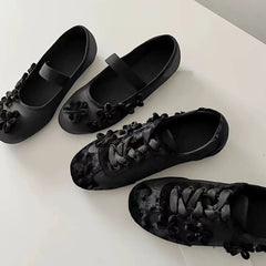 Cyflymder Summer Gary Cute Flowers Ballet Flats Shoes Women Black Sweet Casual Sneakers Shoes Trainers Comfy Walk Daily Footwear