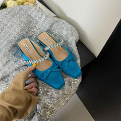 Cyflymder Shoes Square heel Glitter Slides Butterfly-Knot Cover Toe Ladies' Slippers Block Jelly Summer Butterfly-knot Crystal Shoes Woman