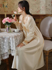 Cyflymder Women Long Sleeve Pajamas Ladies Spring Vintage Princess Lace V-Neck Ice Silk Nightdress with Chest Pads Home Clothes Sleepwear