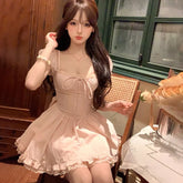 Cyflymder Sweet Hot Girl Pure Sexy Bow Square Collar Dress for Women's Summer Slim Fit A-line Short Dress Fashion Female Clothes