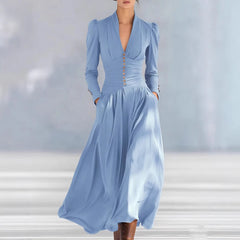 Cyflymder Women's Solid V-Neck Ruched Elegant Maxi Dress Long Sleeve Buttons Slim Fit Spring Gown Fashion Draped Irregular Long Dresses
