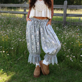 Cyflymder Women Floral Print Elastic Waist Cropped Harem Pants Lace Ruffle Hem Loose Capri Trousers Cottagecore Boho Bottoms