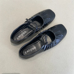 Cyflymder Pleated Mary Janes Flats Shoes Women Square Toe Pu Leather Comfortable Elegant Red Shoes Ladies Shallow Black Ballet Flats New