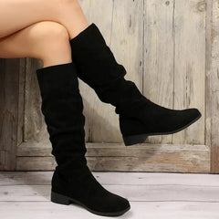 Cyflymder Winter new women's boots: low-heeled nude pleated suede high boots, black long boots, large-sized round-toe fashionable boots