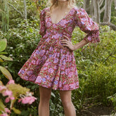 Cyflymder Womens Bohemian Puff Sleeve Dress Boho V-Neck Ruffle Layered Hem Mini Dress Floral Flowy Ruffle Tiered Short Dresses