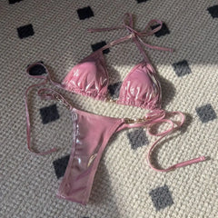 Cyflymder Women's Triangle Bikini Set with Pearl Decor, Halter Tie Top & Thong Bottoms, Sexy High Cut Swimwear for Summer Beach Pool Party