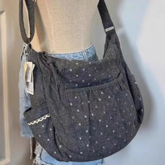 Cyflymder Korean Style Polka Dot Canvas Tote Bag Womem Shoulder Bags Ladies Casual Lazy Versatile Fashion Crossbody Bag for Work Commute