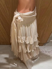 Cyflymder Solid Waist Tie Ruffle Tiered Maxi Skirt Flowy Chiffon Layered High-Waist Long Skirts Summer Casual Fashion Beach Outfit
