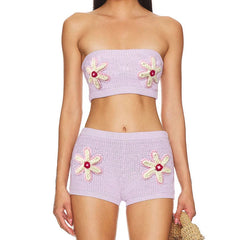 Cyflymder Vintage Knitted Off Shoulder Tube Tops Cropped Bandeau + Shorts Women 2 Piece Crochet Set Y2K Strapless Camis Matching Outfits
