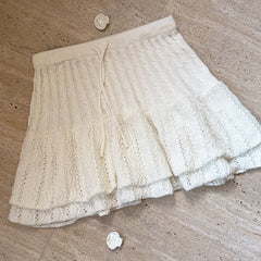 Cyflymder Cute Knitted Skirts for Sweet Girls Double Layered Hollow Out Elastic Waist White Mini Skirt