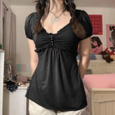 Cyflymder Women's Ruffle Trim T-shirt Bead Decor Tops V-Neck Short Puff Sleeve A-Line Tees Summer Tops