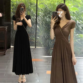 Cyflymder Elegant French Style V-neck Dress New Summer Slimming Waist-fitted Long Dress Side Slit For Women Smooths Your Silhouette