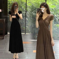 Cyflymder Elegant French Style V-neck Dress New Summer Slimming Waist-fitted Long Dress Side Slit For Women Smooths Your Silhouette