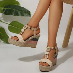 Cyflymder Bohemia Woven Strap Button Bead Decoration Sandals Women 2025 Summer Chunky Platform Wedge Heel Shoes Casual Hemp Sole Sandals