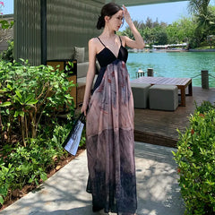 Cyflymder Chinese Traditional Style Ink Print Dress Women's Summer Sling Sexy Collar Lazy Holiday Skirt