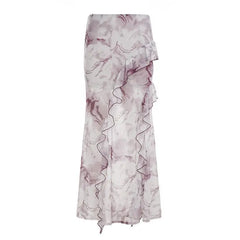 Cyflymder French Wavy Edge Printed Mesh Skirt Women's Low Waist Long Skirt Slim Fit Spice Girl Hip Wrap Skirt