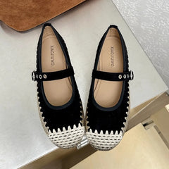 Cyflymder New Woven Splicing Flats Women Faux Suede French Style Round Toe Buckle Mary Jane Shoes Comfort Shallow Designer Shoes Loafers