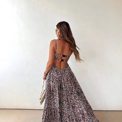 Cyflymder Women Elegant Floral Print Sling Dress Sexy Off Shoulder Backless Long Pleated Party Dress Fashion Hight Waist Swing Bohe Dress