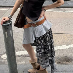 Cyflymder Checkered Floral Patchwork Irregular Skirt Fashion Low Waist Mid-length Skirts Y2k Aesthetic Beachwear Coquette Outfits