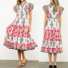 Cyflymder Floral Print Long Dress y2k Women's V Neck Flying Sleeve Flowy A Line Dress Vacation Beach Party Dresses Streetwear