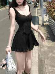 Cyflymder Aesthetic Hot Girl Patchwork Lace Sling Dress Women Summer Gothic Bow Slim Black Dresses Female Design Chic Skinny Y2k Clothing