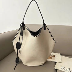 Cyflymder Fashion Off White Tote Bag Women Woven Handle Canvas Large Capacity Handbag Ladies Casual Commuter Versatile Shoulder Bucket Bag