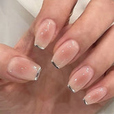 Cyflymder French Silver Edge Fashion Wearable Nail Art Blush Halo Dyeing Nude Fake Nails Detachable Finished False Nails Press on Nails