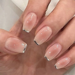 Cyflymder French Silver Edge Fashion Wearable Nail Art Blush Halo Dyeing Nude Fake Nails Detachable Finished False Nails Press on Nails