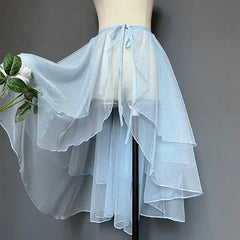 Cyflymder Double Layered Waist Curtain Sheer Asymmetrical Mesh Cover up Skirt Women Summer Sweet Lolita JSK Kwaii Skirts