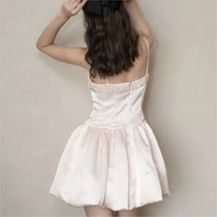 Cyflymder Women Sexy Pink Bow Ruched Chest Corset Style Satin Sling Dress Low Back Slim Waist Spliced Pleated Swing A line Mini Party Robe