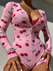 Cyflymder Cute Fruit Cherry Print Tight Fitting Long Sleeve Sexy V Neck Single-breasted Casual Home Bodysuits Sleepwear Playsuit For Women