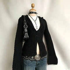 Cyflymder Women Black Hooded Knit Cardigan Flare Long Sleeve Button Down Slim Fit Y2K Goth Crochet Open Front Sweater Casual Streetwear