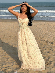 Cyflymder Holiday Floral A-Line Dress Beach Style Slash Neck Sleevless Maxi Dresses For Women 2025 Summer Fashion Streetwear Lady