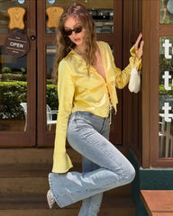 Cyflymder Women Satin Solid Long Sleeve Shirt Notched Lapel Button Front Waist Ruffle Hem Shirts Office Lady Business Casual Blouses