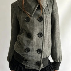 Cyflymder Retro Women's High Street Jacket With A Lapel And High Neck Y2K Asymmetrical Double Breasted Short Jacket Gothic Street Style