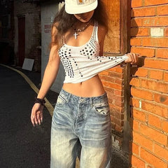 Cyflymder American Retro Suspender T-shirt Women's Summer Wear Sequined Sleeveless Vest Spice Girl Wear Slim Top
