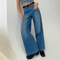 Cyflymder Women's Spring Summer Jeans with Pockets Fashion Loose Fit Casual Solid Low Rise Wide Leg Denim Pants Vintage Streetwear