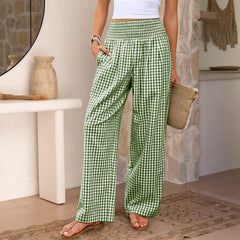 Cyflymder Women Casual Pants Loose Fit Elastic Waist Trousers High Waist Gingham Print Wide Leg Pants Green Gingham Straight Cut Pants